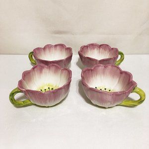 (RARE) Vietri Water Garden Floral Pink Green Majolica Tea Cups, Set of 4